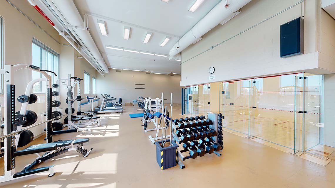 A gym with weights, exercise machines, and a squash court.