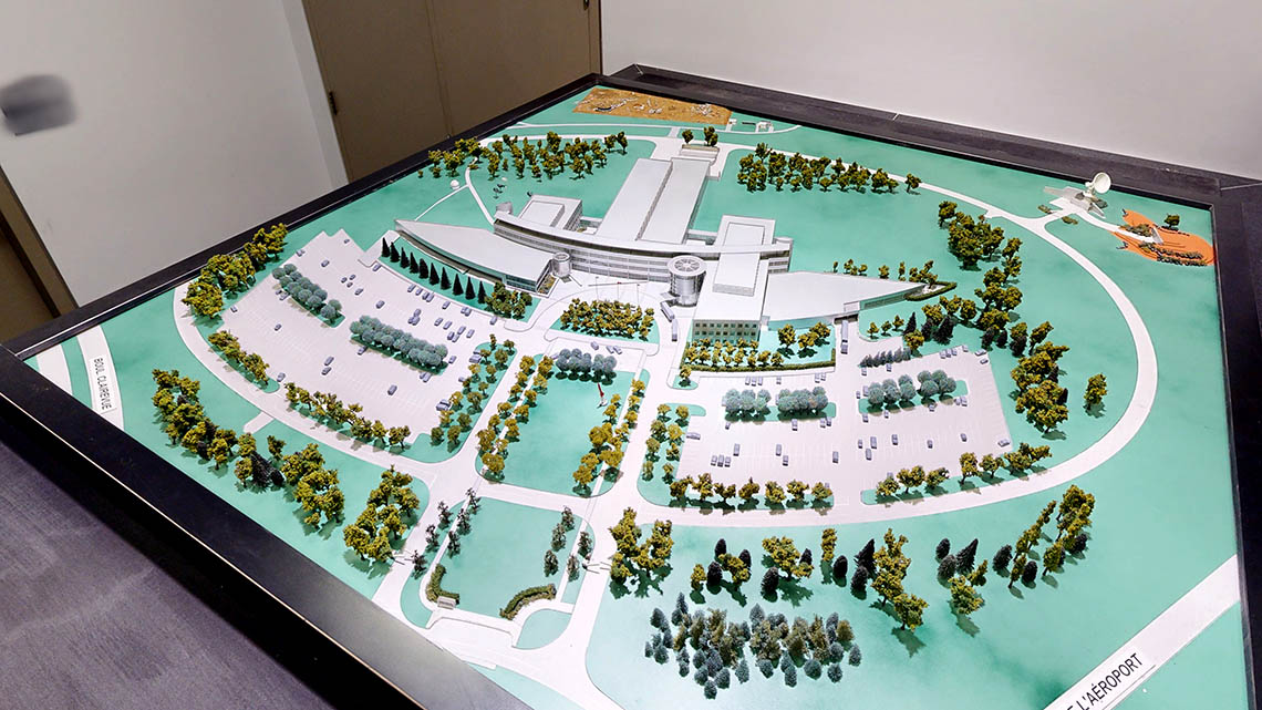 Model of the CSA building and grounds as seen from above.