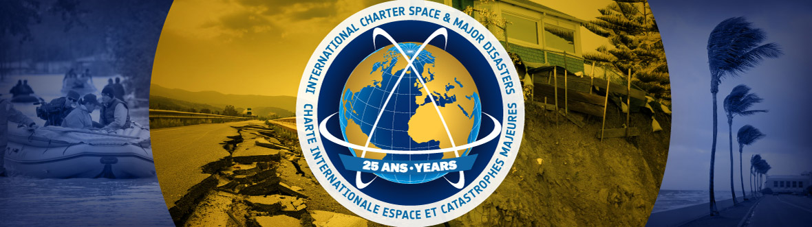 The Charter logo with the words 25 years, with scenes of natural disasters on either side.