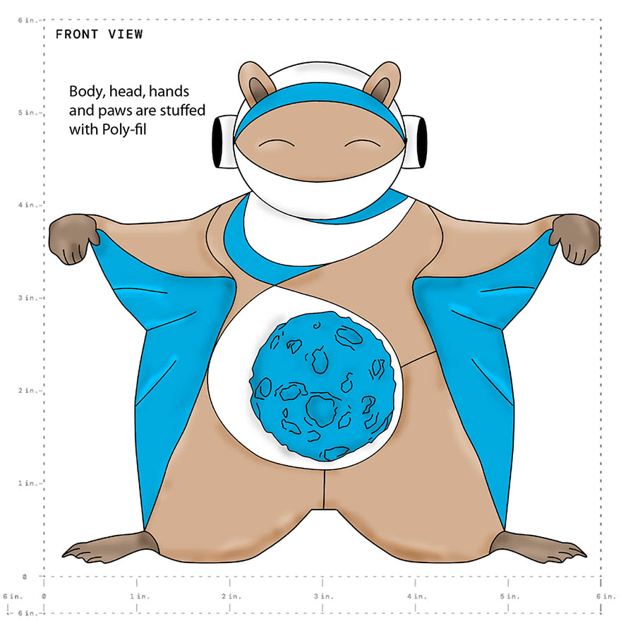 A labeled illustration of a flying squirrel wearing a space helmet. It has a Moon drawing on its chest.