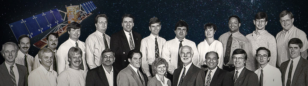 Montage combining a black-and-white group photo with the RADARSAT-1 satellite against a starry background.