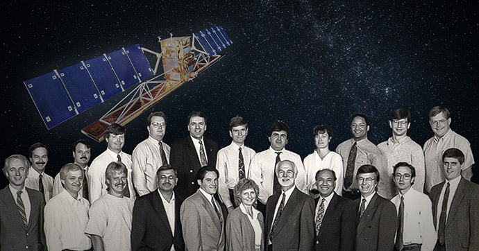 Montage combining a black-and-white group photo with the RADARSAT-1 satellite against a starry background.