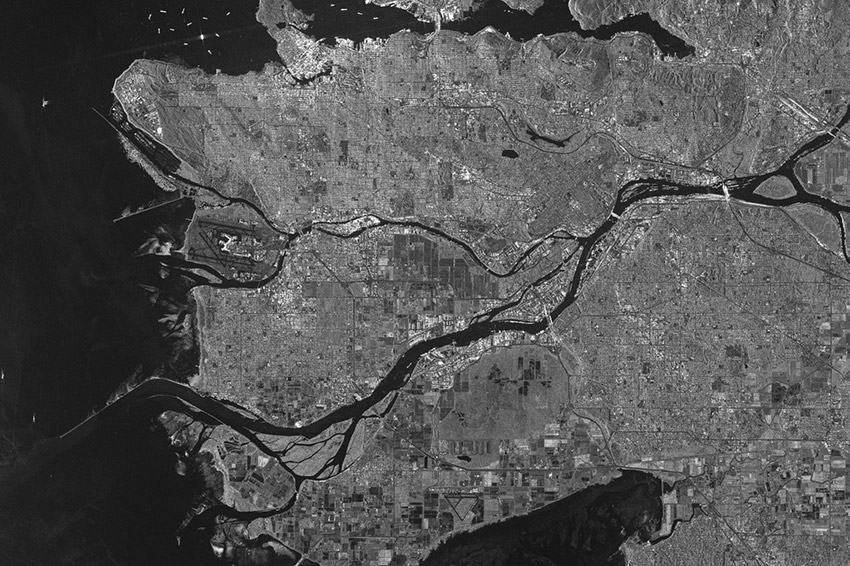 Satellite image of Vancouver in black and white