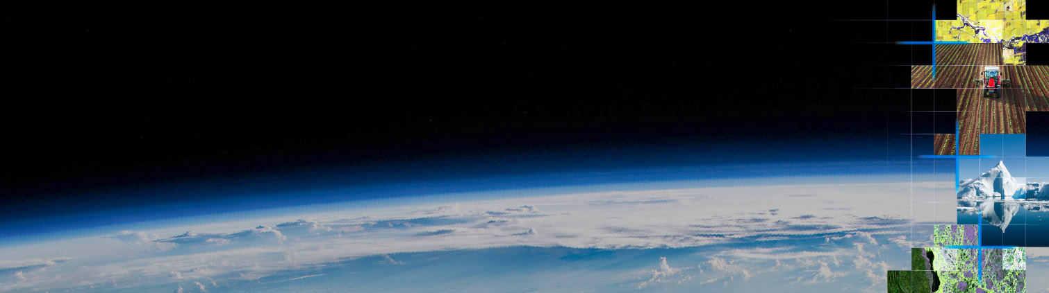 La Terre et sa fine atmosphère vues de l'espace. À droite, une mosaïque de diverses images.