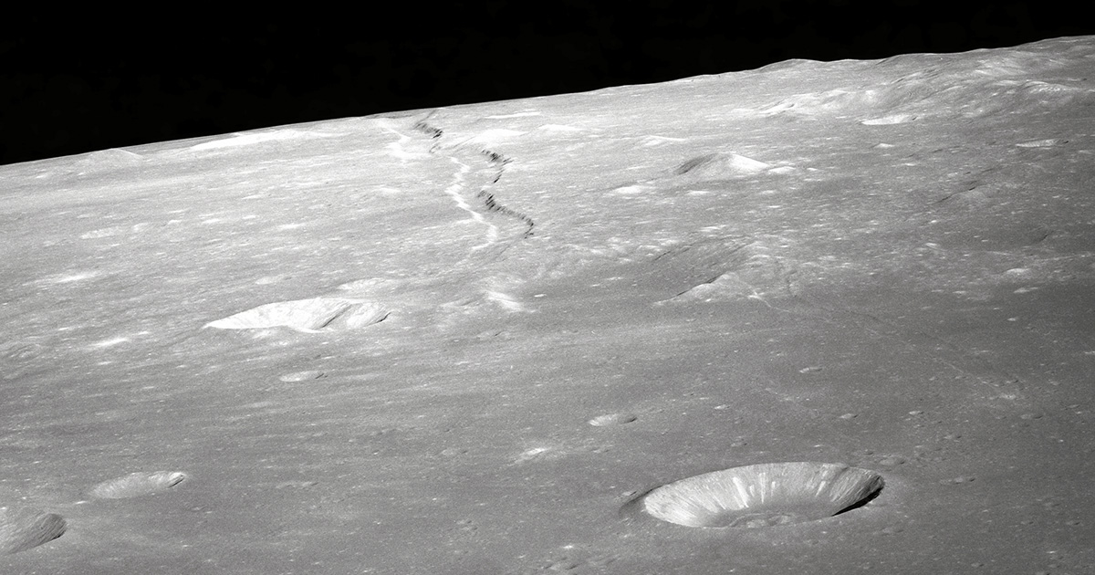 A high forward oblique view of Rima Ariadaeus on the Moon, as photographed by the Apollo 10 astronauts in May of 1969