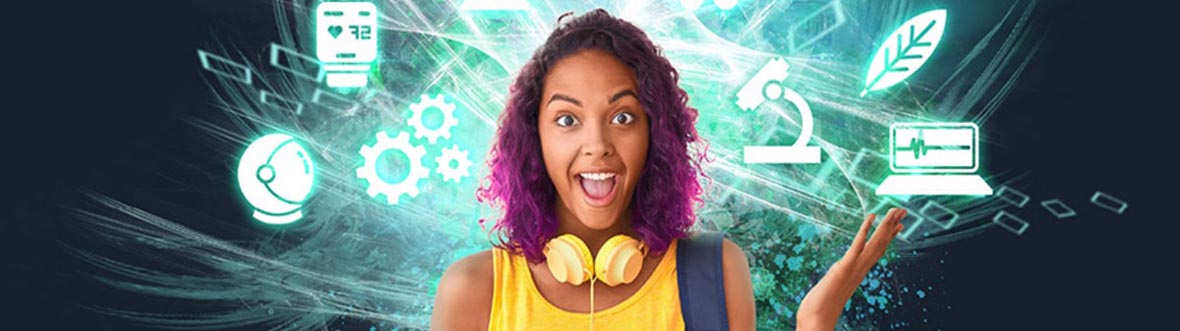 An enthusiastic young woman stands in front of a backdrop of a whirlpool containing various pictograms.