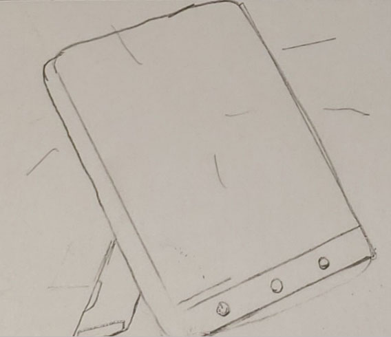 Black and white drawing of a tabletop, rectangular solar lamp.