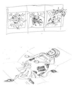 Drawing of three frames of an astronaut cartoon strip above the drawing of a funny character with an astronaut's head and upper torso, the belly of a cow, and the legs and skirt of a ballerina.