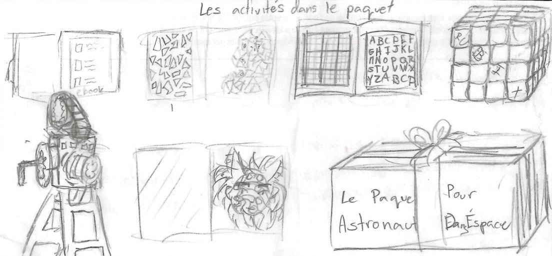 Pencil drawing of a wrapped gift box, four activity books, an old-school movie camera and a Rubik's cube.