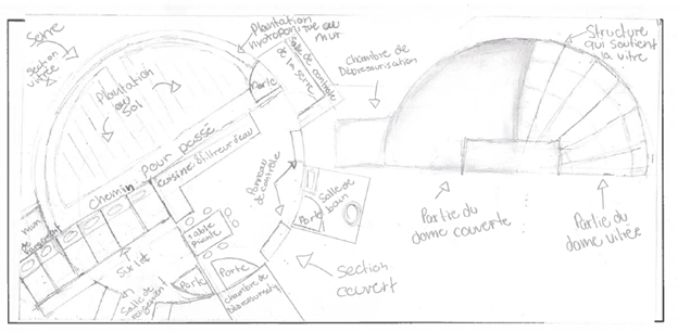 Drawing of the prototype presenting a top view and side view of the dome