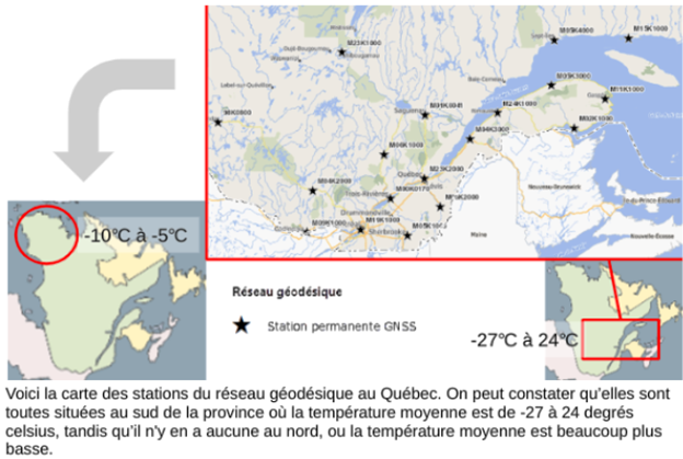 Map of Quebec showing the locations of permanent GNSS stations.
