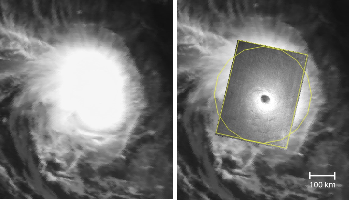Images satellites en noir et blanc d'un cyclone tropical; à gauche vue classique, à droite avec données surimposées montrant l'œil. 