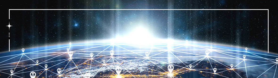 Vue de la Terre depuis l'espace avec un lever de soleil à l'horizon. Un réseau de lignes blanches et d'icônes de localisation recouvre la surface de la planète.