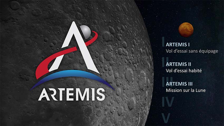 Le logo de la campagne Artemis figure devant la Lune en gros plan. Mars est au loin.