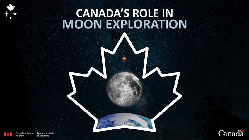 A white maple leaf outline. Inside the outline, Earth, the Moon and Mars are lined up vertically