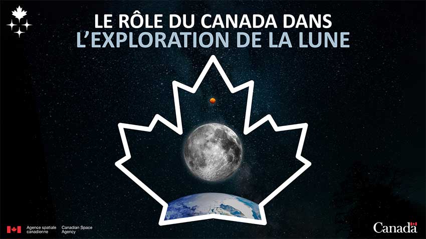 Infographie d'une feuille d'érable stylisée où se trouvent la Terre, la Lune et Mars, alignées de bas en haut.