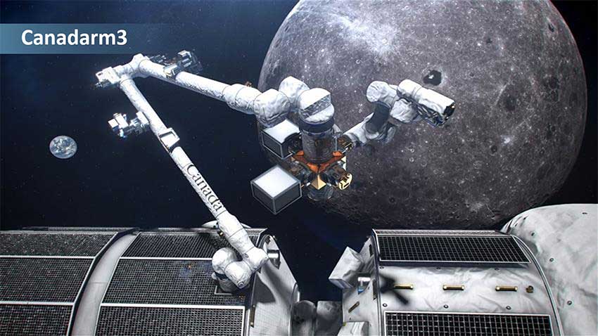 Artist's concept of Canadarm3's large arm, featuring the Canada wordmark. It is attached to the Lunar Gateway, which is orbiting the Moon. Earth can be seen in the distance.