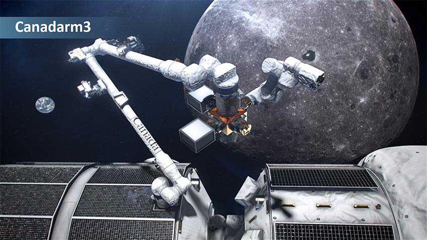Artist's concept of Canadarm3's large arm, featuring the Canada wordmark. It is attached to Gateway, which is orbiting the Moon. Earth can be seen in the distance.