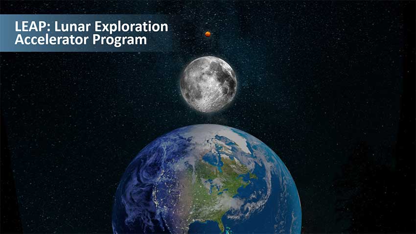 Artist's concept of two people in white space suits standing on a planetary surface looking at a dark starry sky.