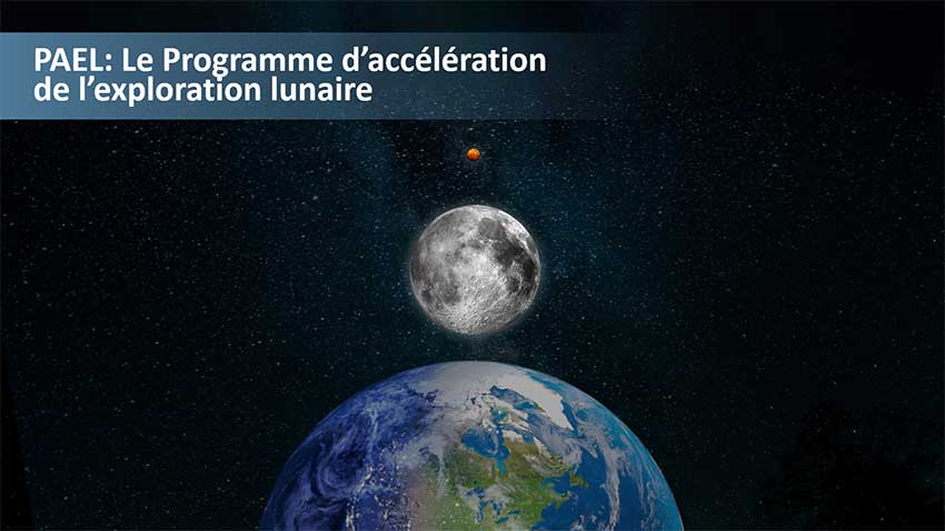 Infographie de la Terre, de la Lune et de Mars alignées verticalement. 