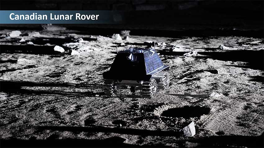 Artist's concept of a lunar base, with a lunar habitation module, plants, rows of solar panels, and lunar vehicles. Earth is seen in the distance