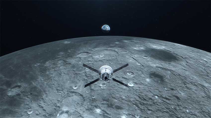 Artist's concept of the Orion spacecraft with four solar panels flying over the Moon, with Earth seen in the distance