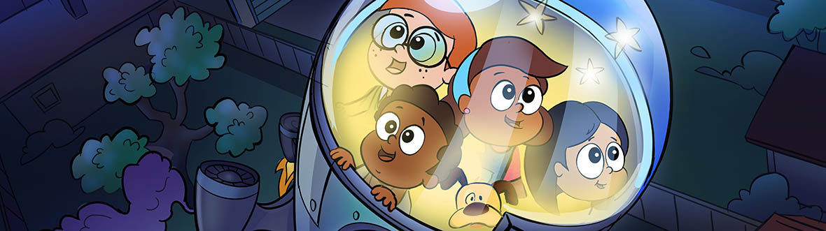 Four friends and their dog launch to space aboard a rocket.