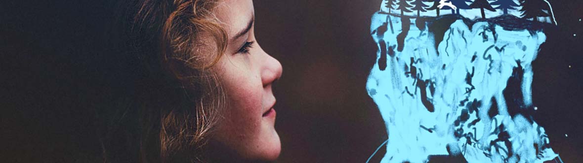 Side profile of a young girl, and a stylized illustration of a turtle.