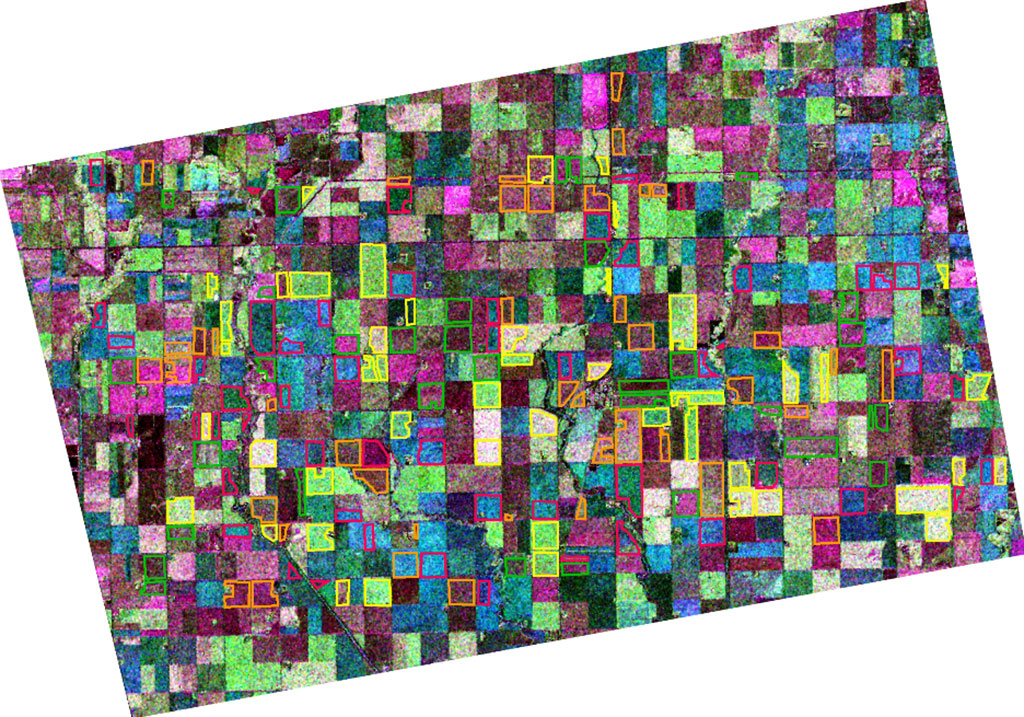 RADARSAT-2 image of farmland near Carman, Manitoba. Different crops respond differently to waves sent by the satellite's radar. This is represented in the map by different colours. Major crop types are identified using coloured outlines with yellow representing canola fields, orange representing soybean fields, green representing corn fields, and red representing wheat fields. (Credit: Map courtesy of Dr. Jiali Shang, Agriculture and Agri-Food Canada. RADARSAT-2 Data and Products © MacDonald, Dettwiler and Associates Ltd. (2009) – All rights reserved. RADARSAT is an official trademark of the Canadian Space Agency)