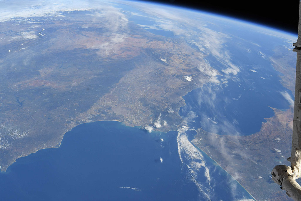 The Atlantic Ocean waters flow through the Strait of Gibraltar, where Europe and Africa meet, into the Mediterranean Sea. Spain is to the north (top) and Morocco to the south in this photo taken from the International Space Station by David Saint-Jacques. (Credit: Canadian Space Agency/NASA)