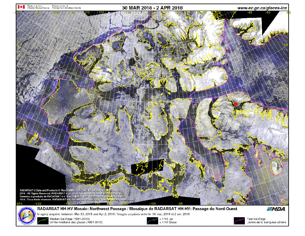 There are 14 national parks in the Canadian Arctic. Sirmilik National Park (red dot), in northern Baffin Island, Nunavut, is filled with leftovers from past glacial activity. This mosaic of the Arctic is made of images captured by Canada's RADARSAT-2 satellite between March&nbsp;30 and April&nbsp;2, 2018. (Credit: Canadian Ice Service)