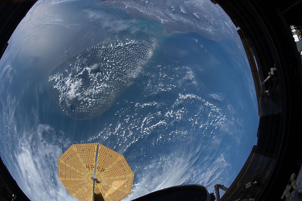 The Bay of Bengal and the island of Sri Lanka seen through a window of the International Space Station by David Saint-Jacques. (Credit: Canadian Space Agency/NASA)