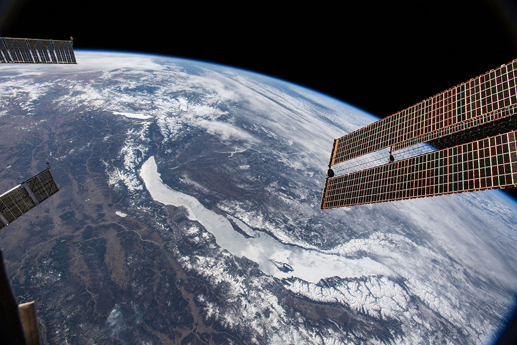 Lake Baikal is the world's deepest and oldest lake. It contains one fifth of the Earth's fresh water, which is more than all of the North American Great Lakes put together. Located in Siberia, Russia, Lake Baikal was listed as a UNESCO World Heritage Site in 1996 because of its rich and unusual water wildlife. This photo was taken by David Saint-Jacques from the International Space Station. (Credit: Canadian Space Agency/NASA)