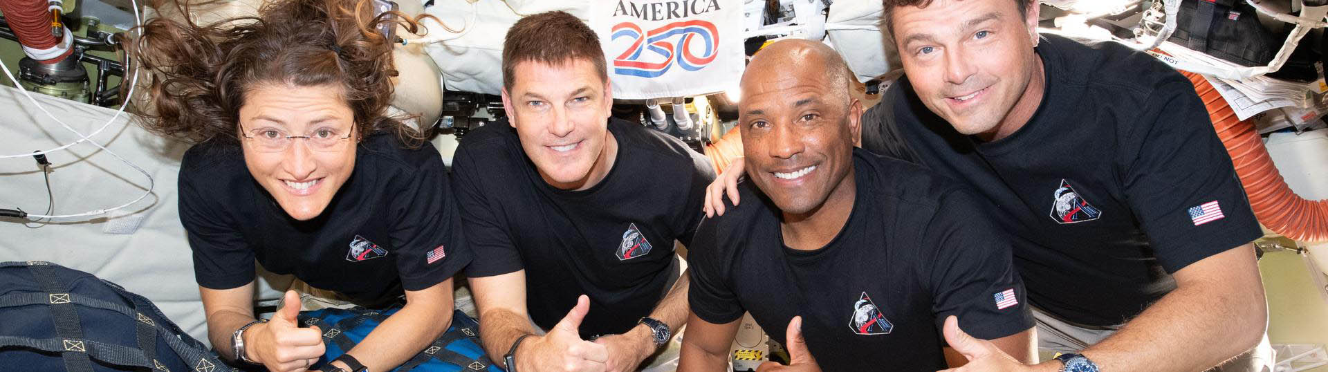 The Artemis II crew, from left to right, Christina Koch, Jeremy Hansen, Victor Glover and Reid Wiseman inside the Orion spacecraft.
