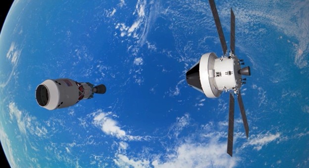 Artist's depiction of Orion facing the interim cryogenic propulsion stage with Earth in the background.