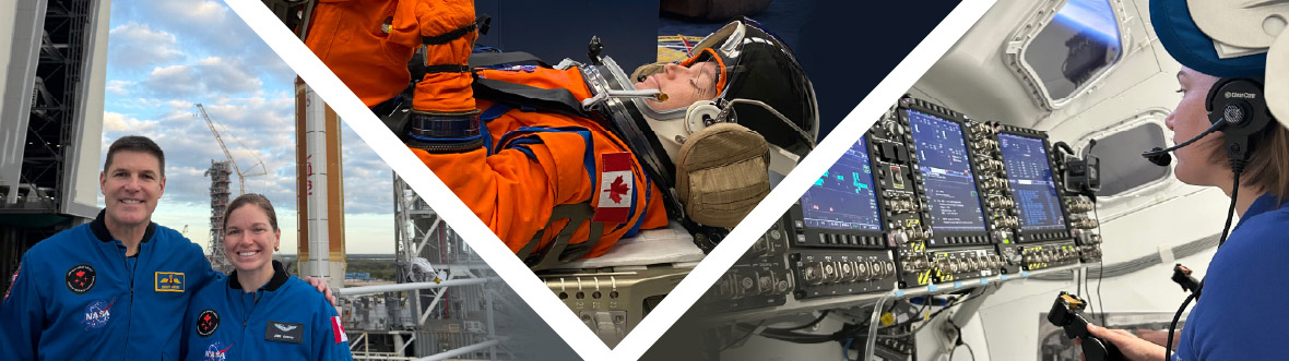 Montage of photos of Jenni with Jeremy Hansen, in her spacesuit and in the Orion simulator.