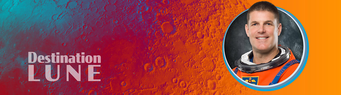 Bannière Web où figure un portrait de Jeremy Hansen et les mots « Destination Lune »