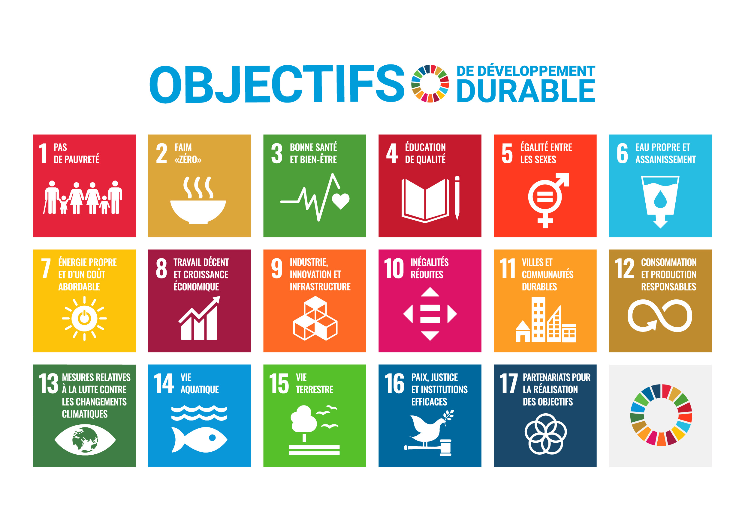 Les 17 objectifs de développement durable des Nations Unies accompagnés de pictogrammes.