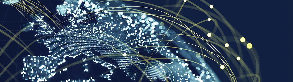 A lit-up Europe seen from space with lines representing global communication networks.