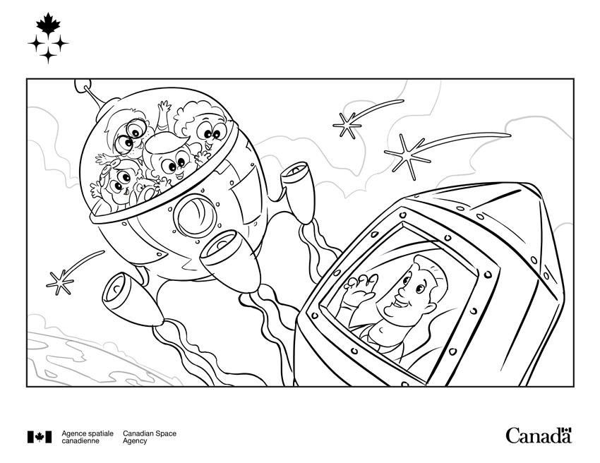 Quatre enfants et un chien dans une fusée passent près de la capsule de l'astronaute Jeremy Hansen.