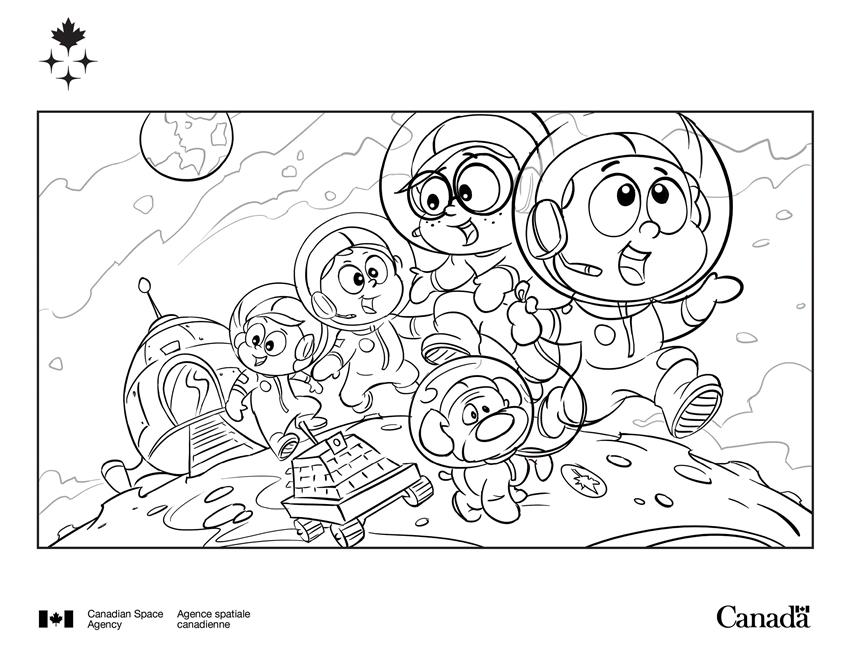 Four children and their dog in spacesuits bounce on the Moon with a rover.