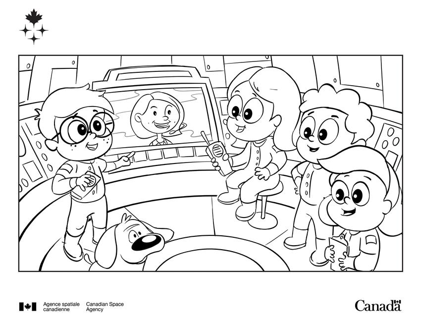 Quatre enfants et leur chien discutent avec l'astronaut Jenni Gibbons, sur un écran. 