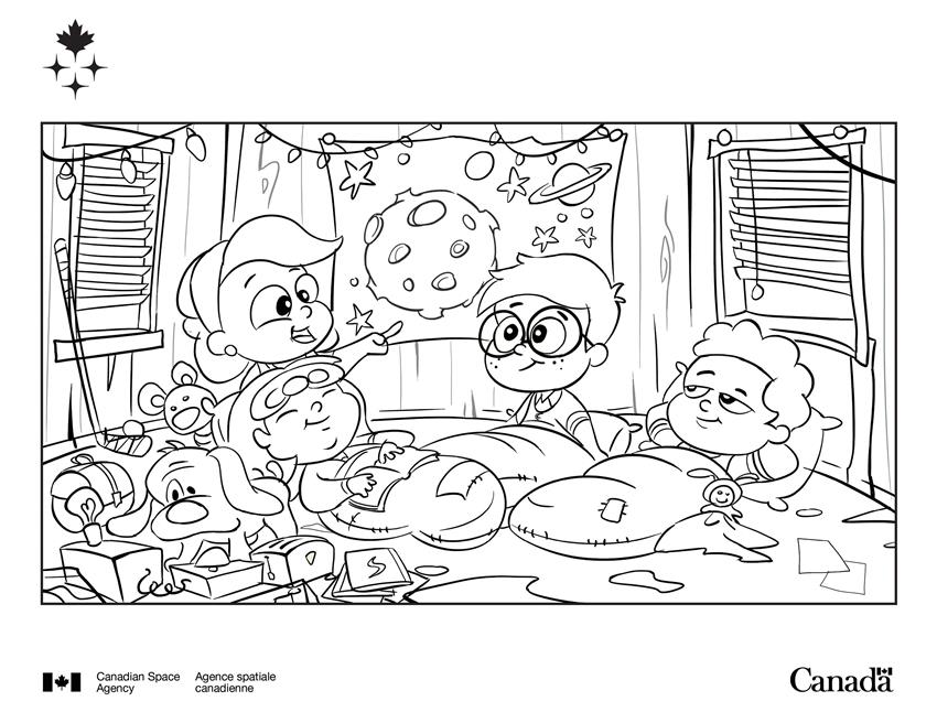 Four children in sleeping bags and a dog inside a treehouse.
