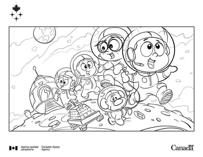 Quatre enfants et leur chien en combinaisons spatiales marchent sur la Lune avec une astromobile. 