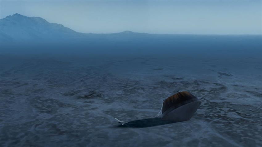 The sample return capsule lies in the desert with the remnants of the parachute cords.
