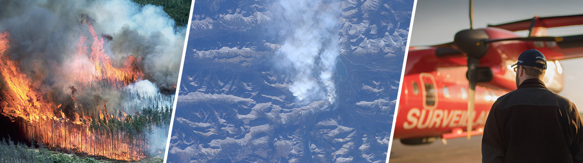 Wildfires burning with thick smoke, visual rendering of a satellite over Earth, and person near a surveillance aircraft.