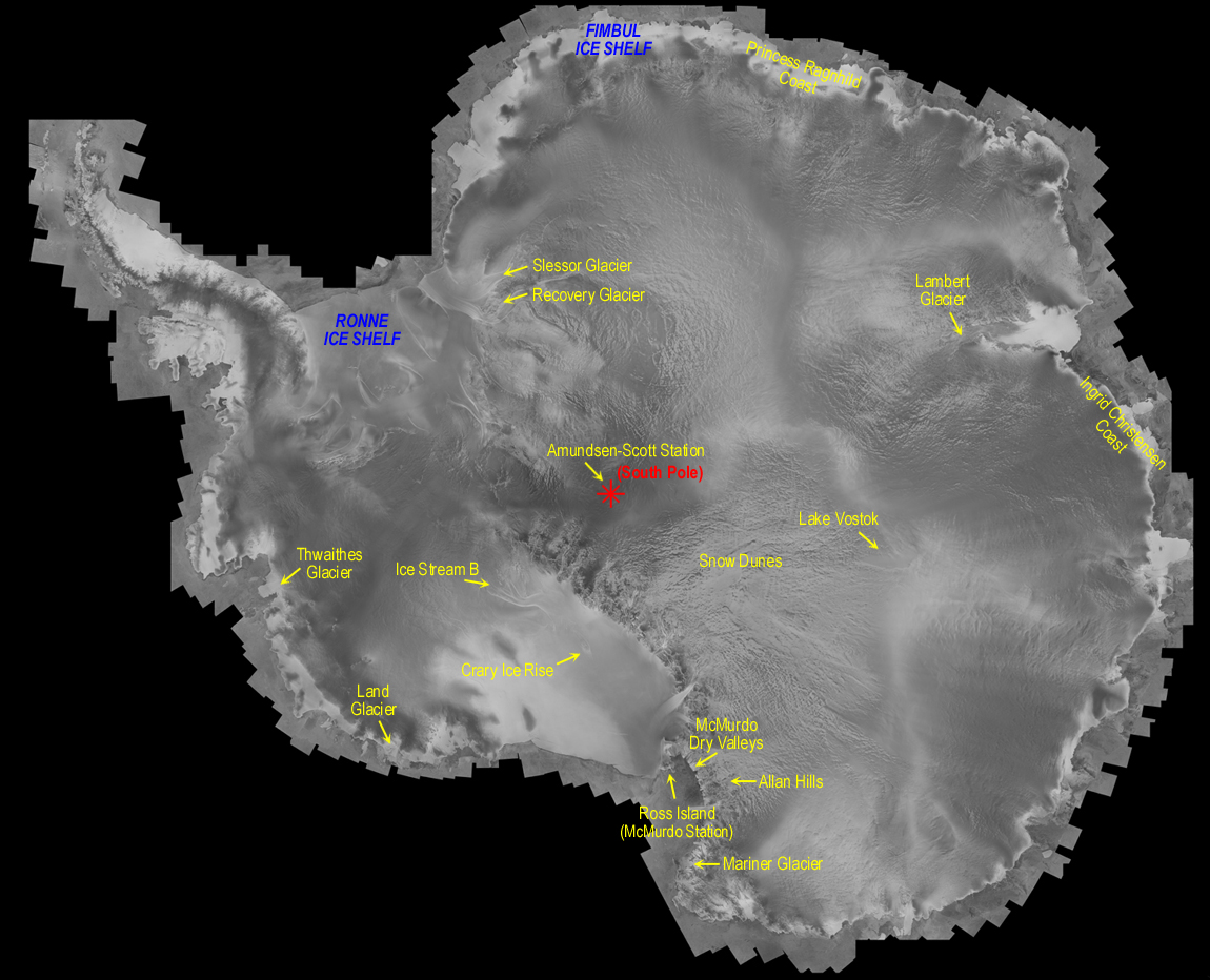 Première mosaïque complète et uniforme de l'Antarctique créée à partir d'images radar à synthèse d'ouverture. Version textuelle ci-dessous: